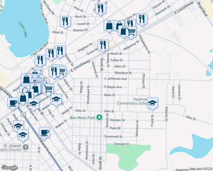 map of restaurants, bars, coffee shops, grocery stores, and more near 516 Rumely Street in La Porte