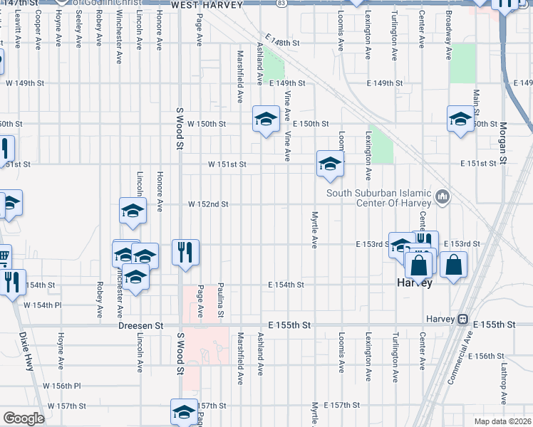 map of restaurants, bars, coffee shops, grocery stores, and more near 15211 South Ashland Avenue in Harvey