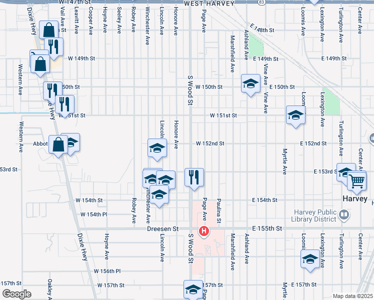 map of restaurants, bars, coffee shops, grocery stores, and more near 15210 South Wood Street in Harvey