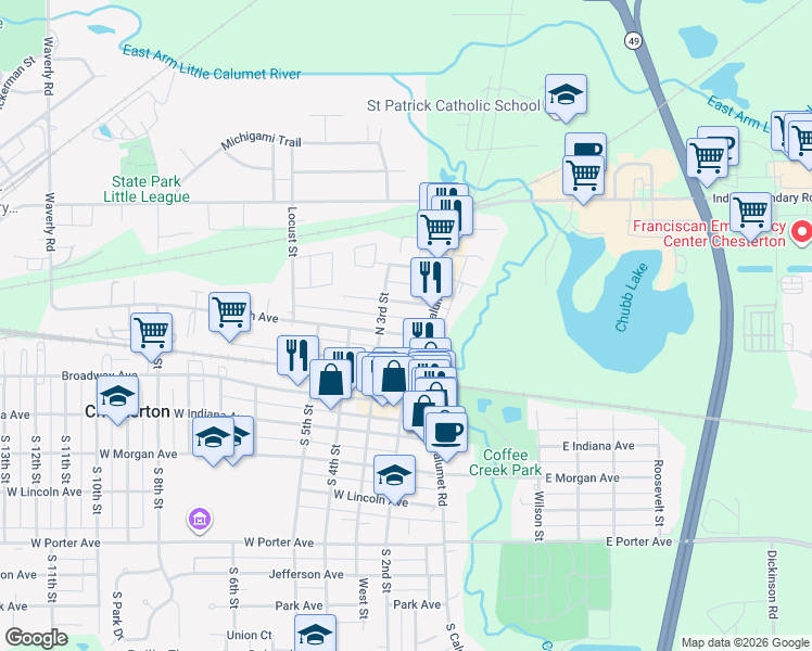 map of restaurants, bars, coffee shops, grocery stores, and more near 124 Wabash Avenue in Chesterton