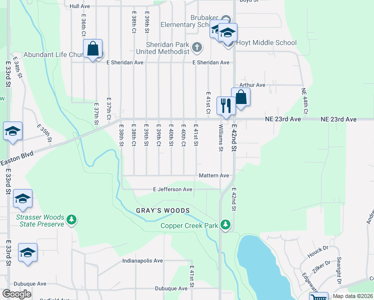 map of restaurants, bars, coffee shops, grocery stores, and more near 2015 E 40th Ct in Des Moines