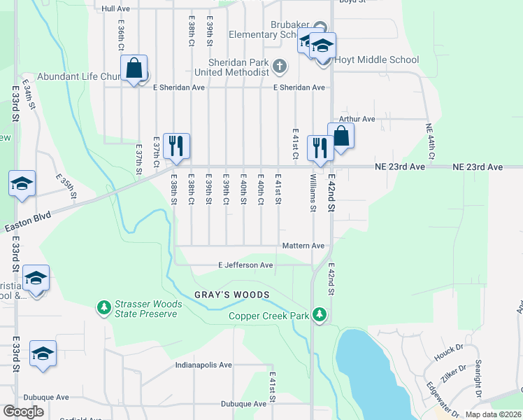 map of restaurants, bars, coffee shops, grocery stores, and more near 2012 East 40th Court in Des Moines
