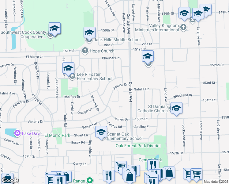 map of restaurants, bars, coffee shops, grocery stores, and more near 5709 Victoria Drive in Oak Forest