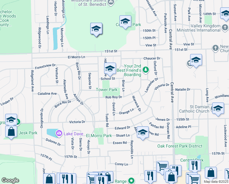 map of restaurants, bars, coffee shops, grocery stores, and more near 5920 Rob Roy Drive in Oak Forest