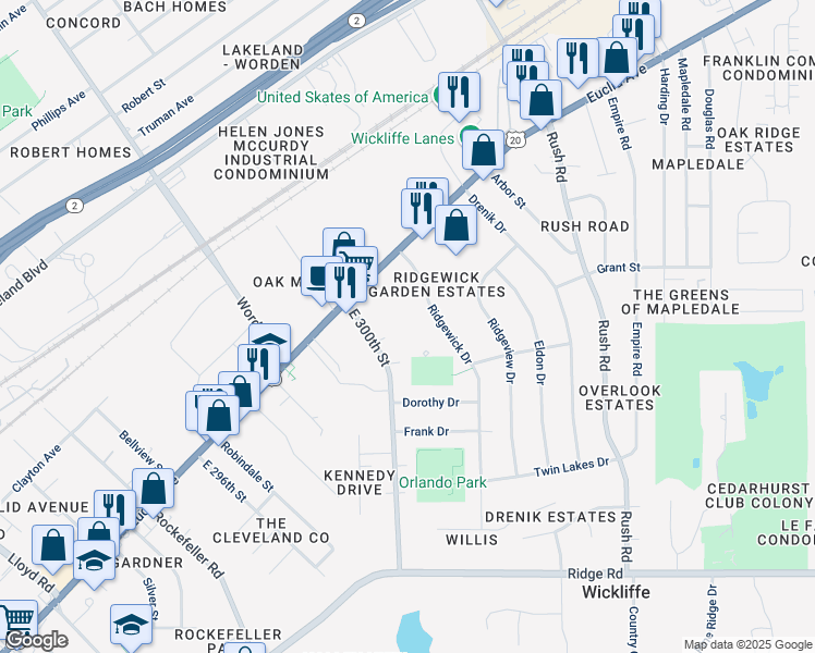 map of restaurants, bars, coffee shops, grocery stores, and more near 1580 Lee Terrace Drive in Wickliffe