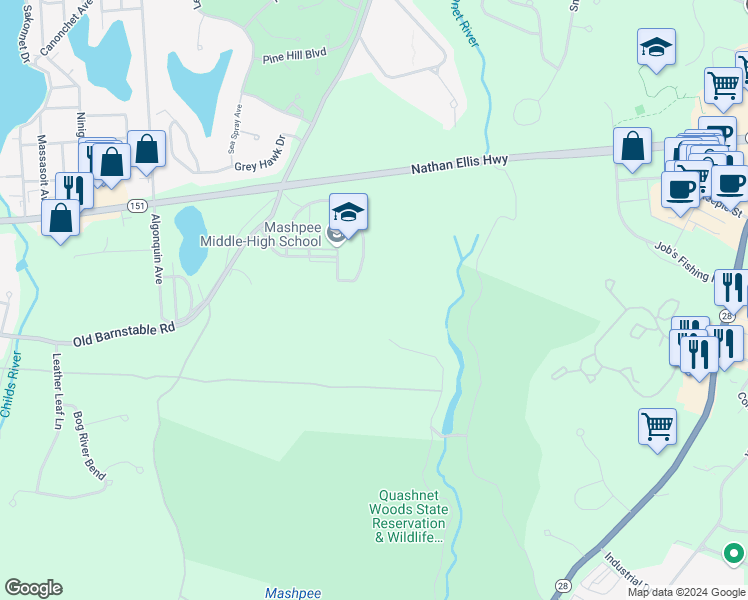 map of restaurants, bars, coffee shops, grocery stores, and more near 500 Old Barnstable Road in Mashpee