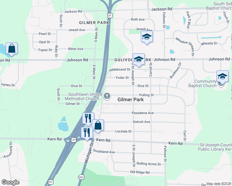 map of restaurants, bars, coffee shops, grocery stores, and more near 19825 Pulling St in South Bend