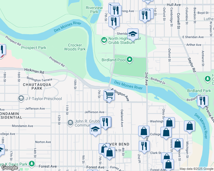 map of restaurants, bars, coffee shops, grocery stores, and more near 601 Arlington Avenue in Des Moines