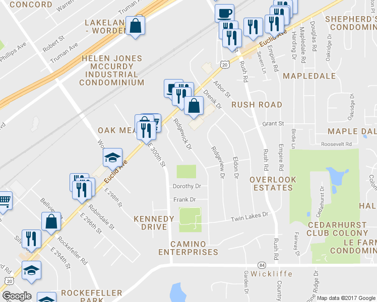 map of restaurants, bars, coffee shops, grocery stores, and more near 1628 Ridgewick Drive in Wickliffe