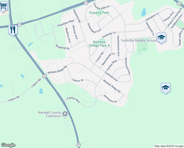 map of restaurants, bars, coffee shops, grocery stores, and more near 522 Windett Ridge Road in Yorkville