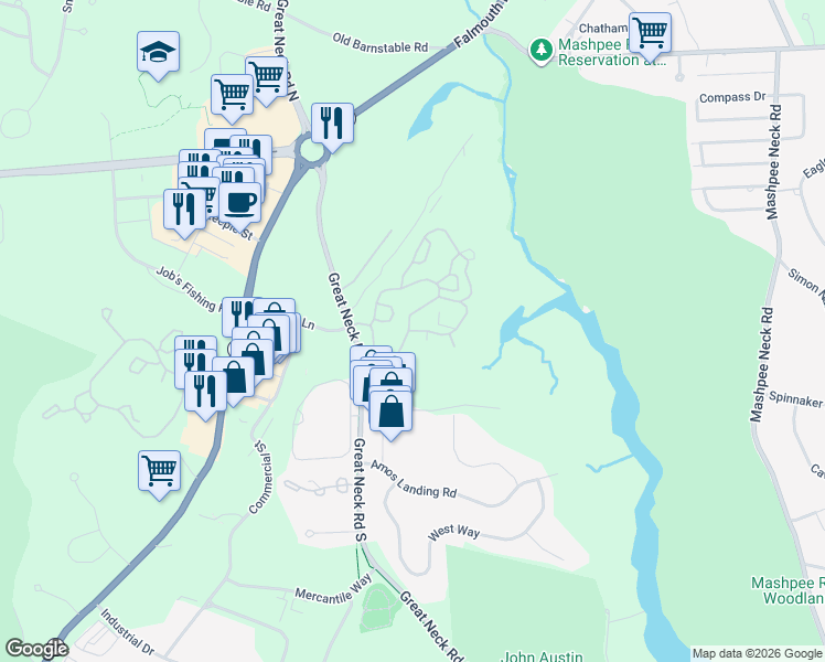 map of restaurants, bars, coffee shops, grocery stores, and more near 3 Red Cedar Road in Mashpee