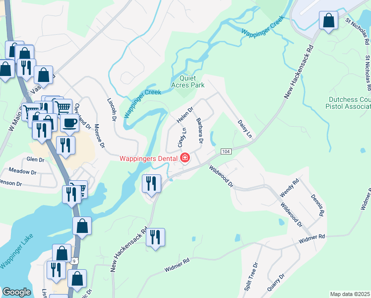 map of restaurants, bars, coffee shops, grocery stores, and more near 10 Cindy Lane in Wappingers Falls