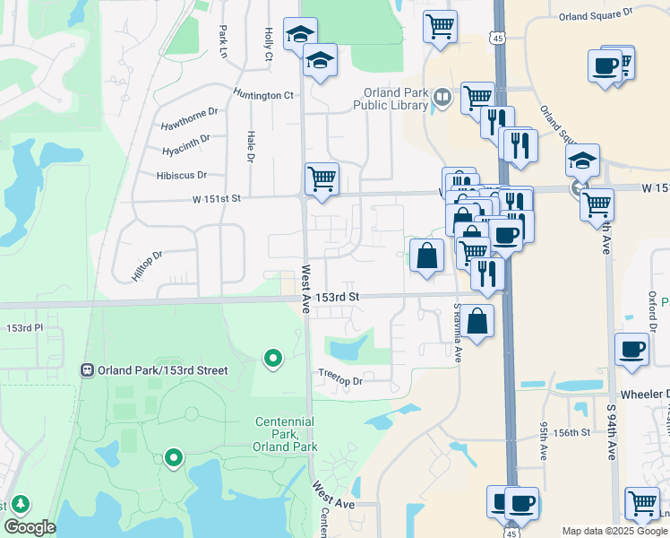 map of restaurants, bars, coffee shops, grocery stores, and more near 15265 El Cameno Terrace in Orland Park