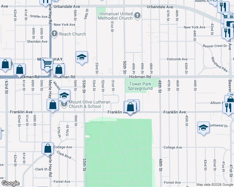 map of restaurants, bars, coffee shops, grocery stores, and more near 5021 Lincoln Avenue in Des Moines