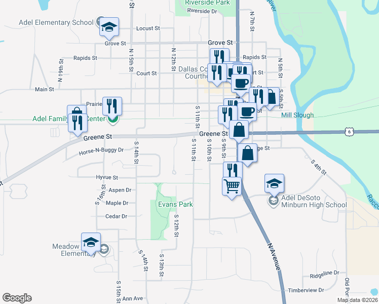 map of restaurants, bars, coffee shops, grocery stores, and more near 504 South 11th Street in Adel