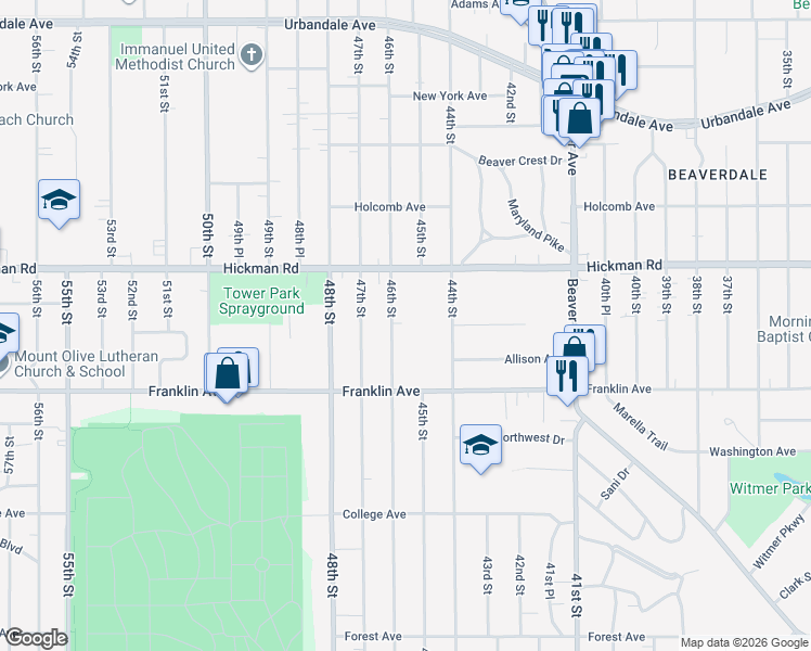 map of restaurants, bars, coffee shops, grocery stores, and more near 2101 46th Street in Des Moines