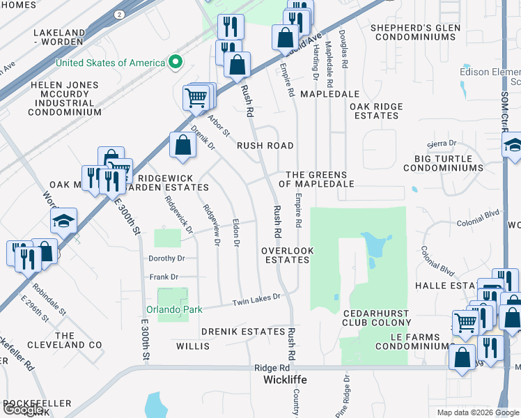 map of restaurants, bars, coffee shops, grocery stores, and more near 1762 Rush Road in Wickliffe