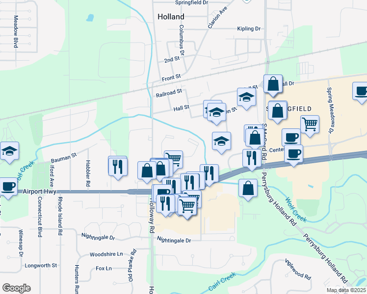 map of restaurants, bars, coffee shops, grocery stores, and more near 7140 Spring Meadows Drive West in Holland