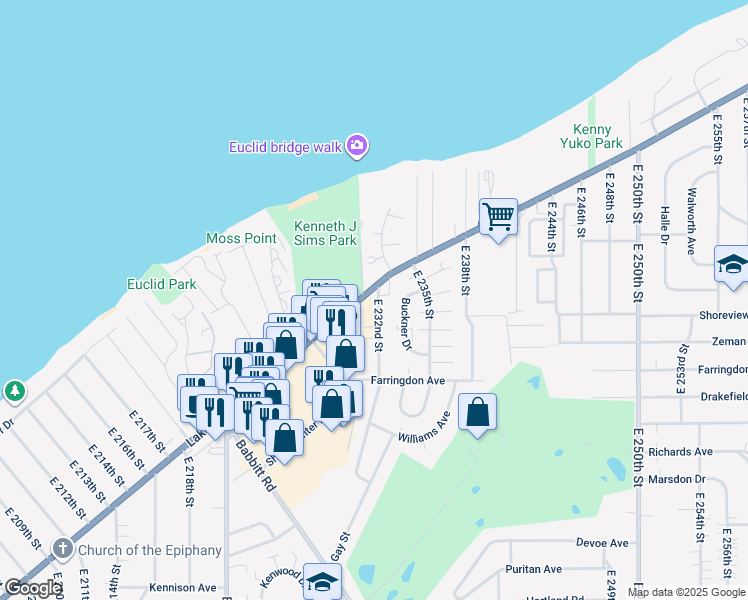 map of restaurants, bars, coffee shops, grocery stores, and more near 23162 Lakeshore Boulevard in Euclid