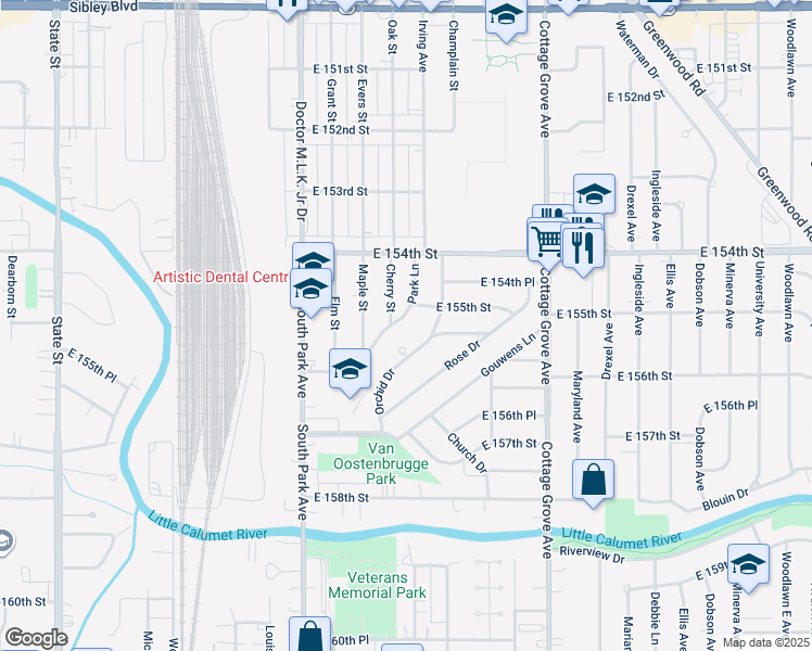 map of restaurants, bars, coffee shops, grocery stores, and more near 15521 Park Lane in South Holland