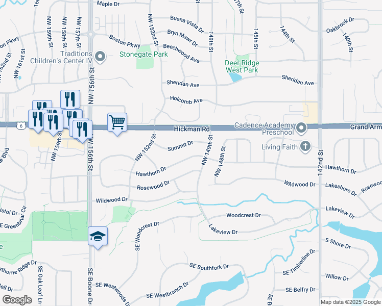 map of restaurants, bars, coffee shops, grocery stores, and more near 14985 Hawthorn Drive in Clive