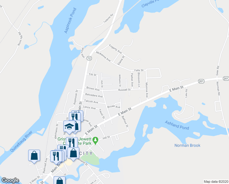 map of restaurants, bars, coffee shops, grocery stores, and more near 49 Russell Street in Griswold