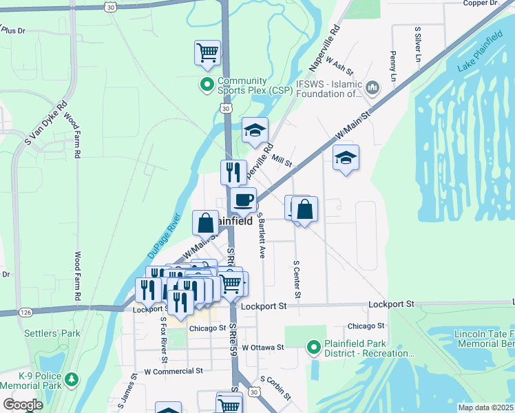 map of restaurants, bars, coffee shops, grocery stores, and more near 23902 West Evans Street in Plainfield