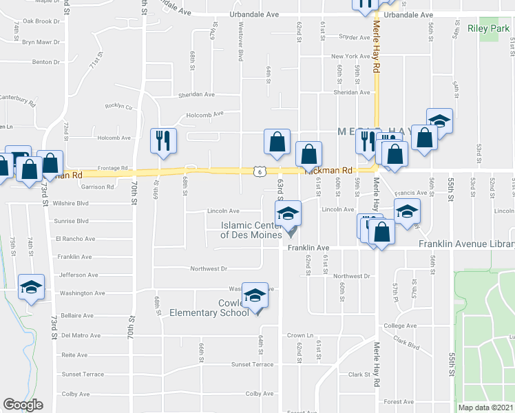 map of restaurants, bars, coffee shops, grocery stores, and more near 2019 64th Street in Windsor Heights