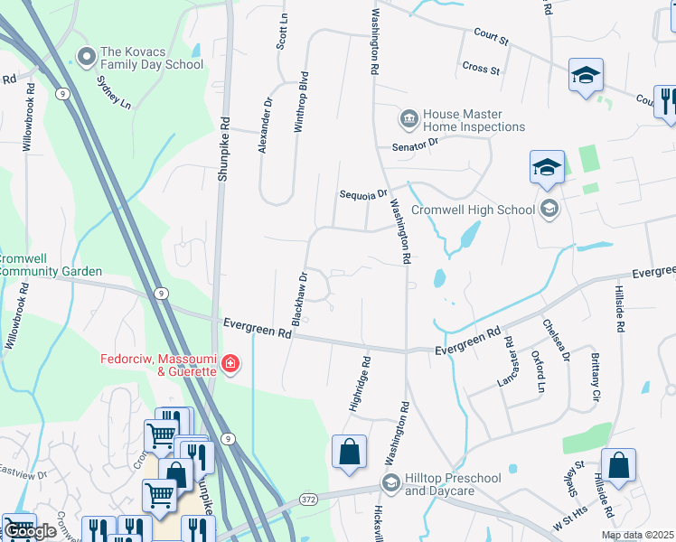 map of restaurants, bars, coffee shops, grocery stores, and more near 1 Shawnee Court in Cromwell