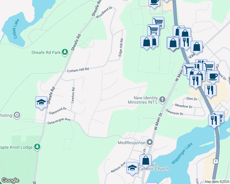 map of restaurants, bars, coffee shops, grocery stores, and more near 7 Old English Way in Wappingers Falls