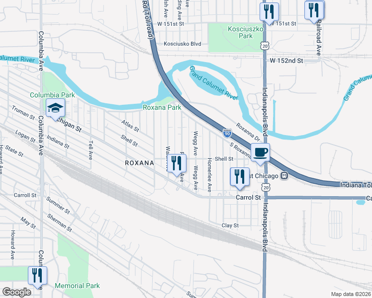 map of restaurants, bars, coffee shops, grocery stores, and more near 5531 Reading Avenue in East Chicago