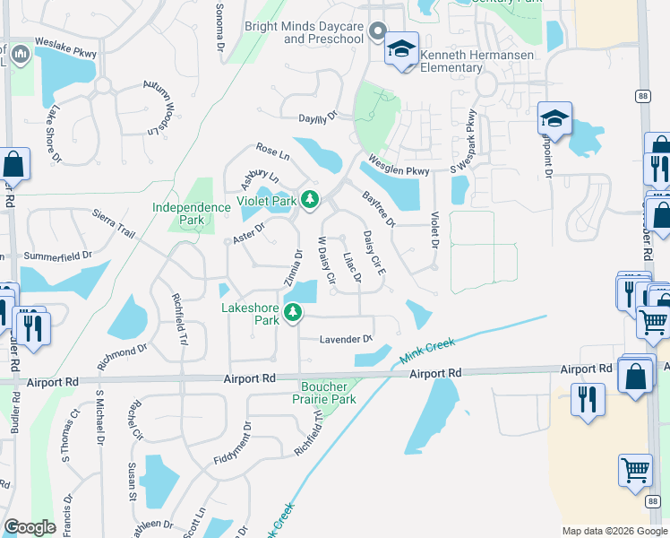 map of restaurants, bars, coffee shops, grocery stores, and more near 285 West Daisy Circle in Romeoville