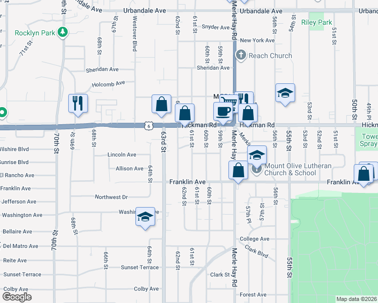 map of restaurants, bars, coffee shops, grocery stores, and more near 2023 62nd Street in Des Moines
