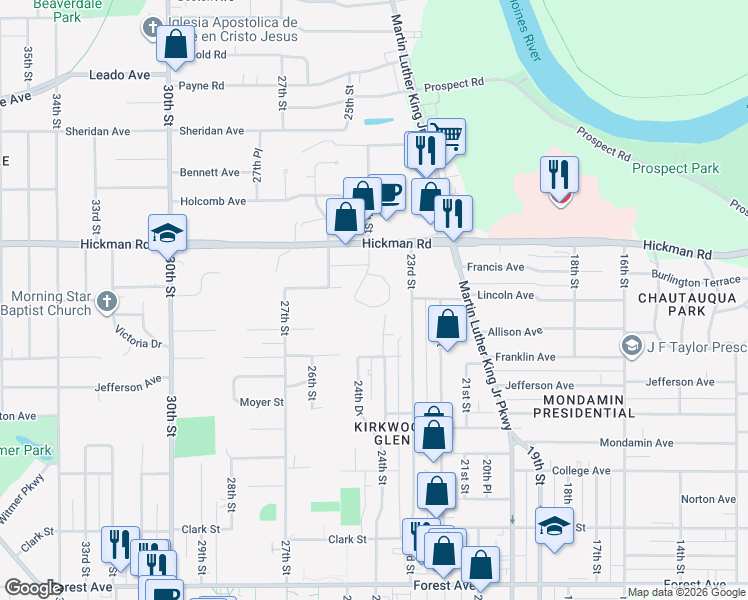 map of restaurants, bars, coffee shops, grocery stores, and more near 2400 Hickman Road in Des Moines