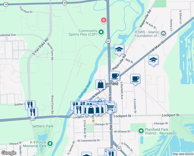 map of restaurants, bars, coffee shops, grocery stores, and more near 14826 South Penn Road in Plainfield