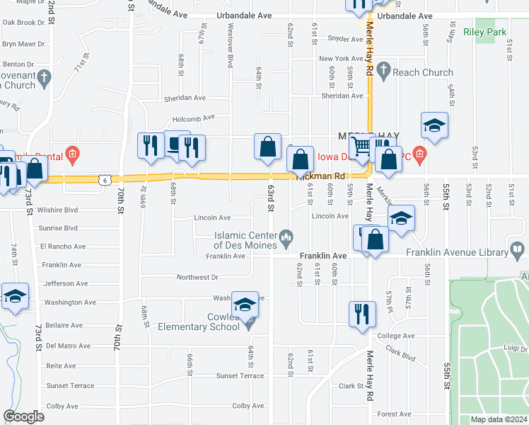 map of restaurants, bars, coffee shops, grocery stores, and more near 2004 63rd Street in Des Moines