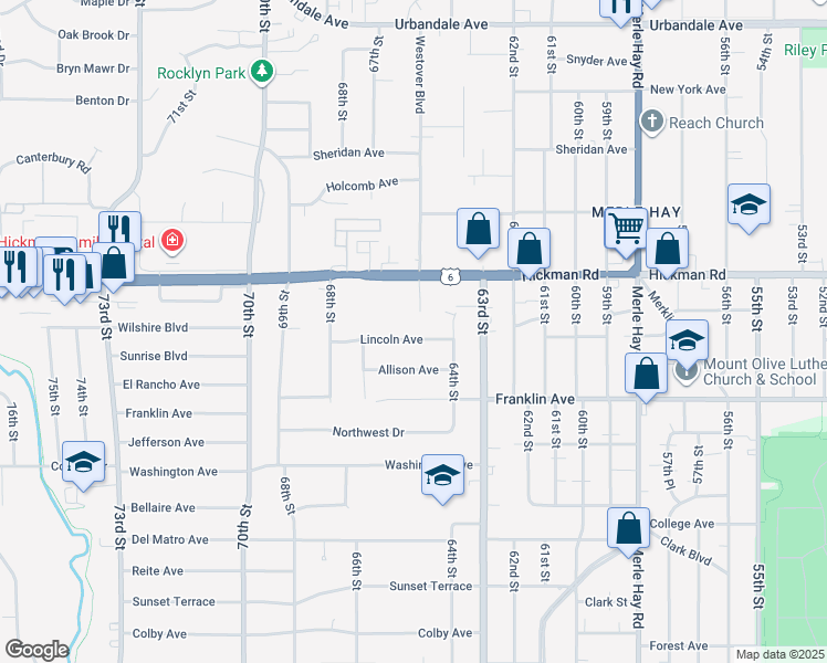 map of restaurants, bars, coffee shops, grocery stores, and more near 6421 Lincoln Avenue in Windsor Heights