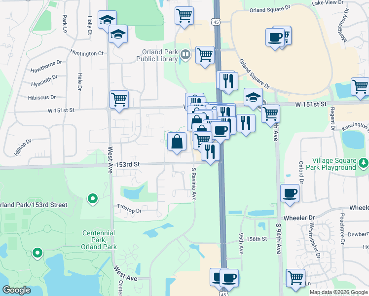 map of restaurants, bars, coffee shops, grocery stores, and more near 300 Ravinia Place in Orland Park