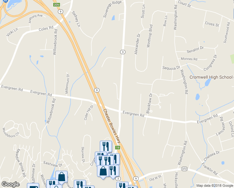 map of restaurants, bars, coffee shops, grocery stores, and more near 142 Woodland Drive in Cromwell