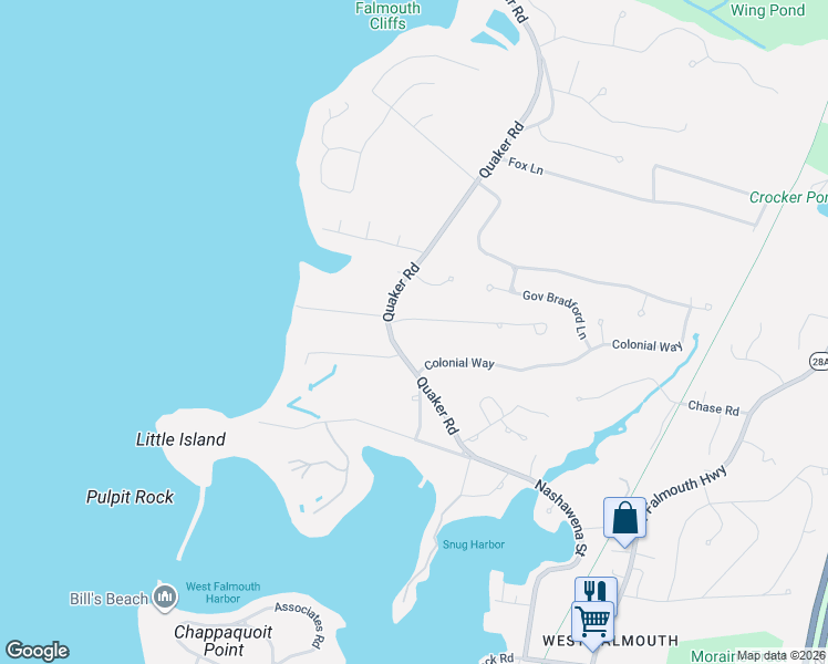 map of restaurants, bars, coffee shops, grocery stores, and more near 77 Quaker Road in Falmouth