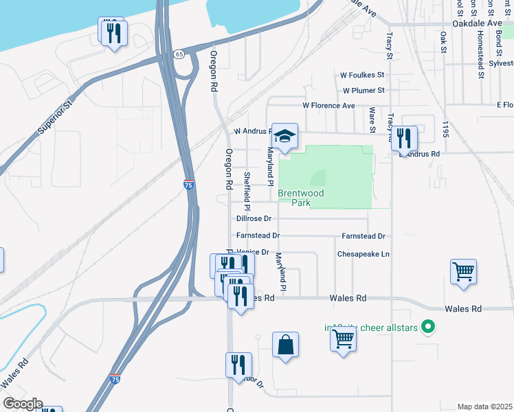 map of restaurants, bars, coffee shops, grocery stores, and more near 423 Brentwood Drive in Northwood