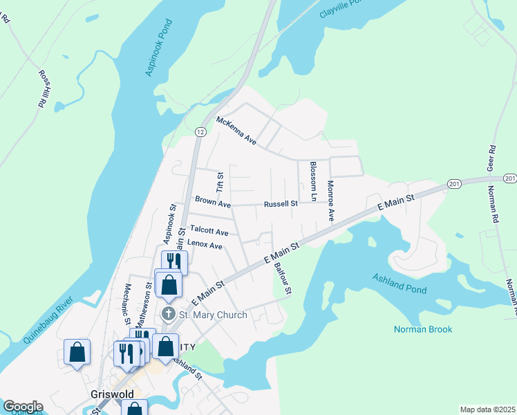 map of restaurants, bars, coffee shops, grocery stores, and more near 33 Russell Street in Griswold