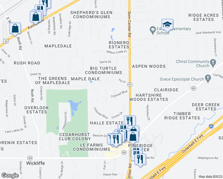 map of restaurants, bars, coffee shops, grocery stores, and more near 5614 Bay Court in Willoughby