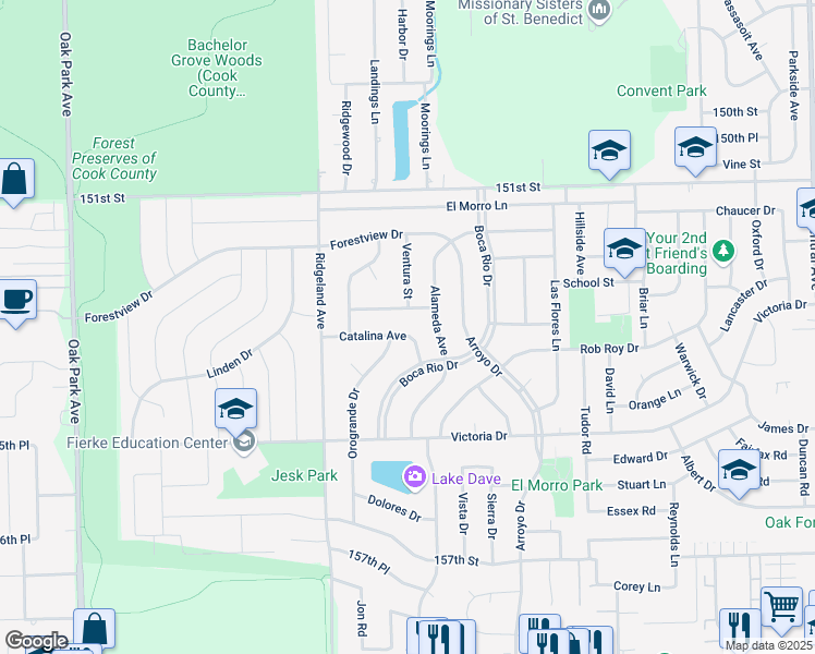 map of restaurants, bars, coffee shops, grocery stores, and more near 6250 Catalina Avenue in Oak Forest