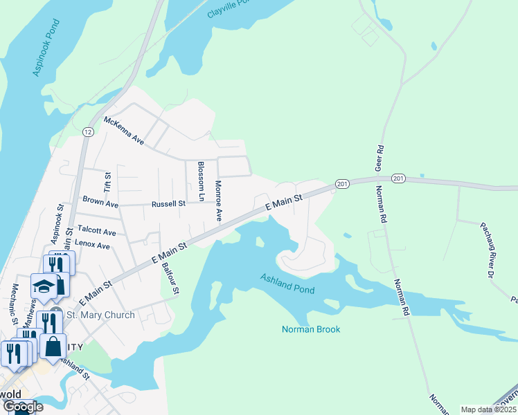 map of restaurants, bars, coffee shops, grocery stores, and more near 358 East Main Street in Griswold
