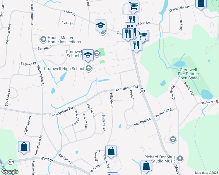 map of restaurants, bars, coffee shops, grocery stores, and more near 24 Evergreen Road in Cromwell