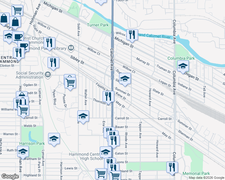 map of restaurants, bars, coffee shops, grocery stores, and more near 800 Kane Street in Hammond