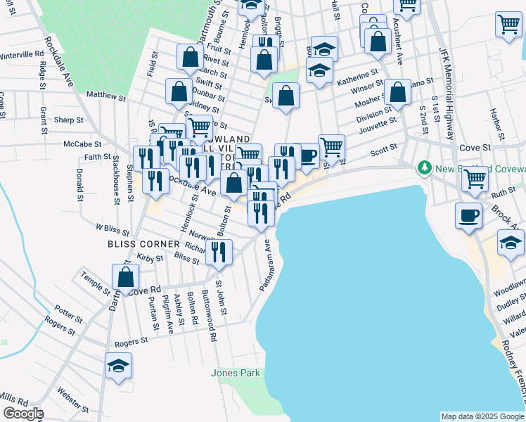 map of restaurants, bars, coffee shops, grocery stores, and more near 0 Rockdale Avenue in New Bedford