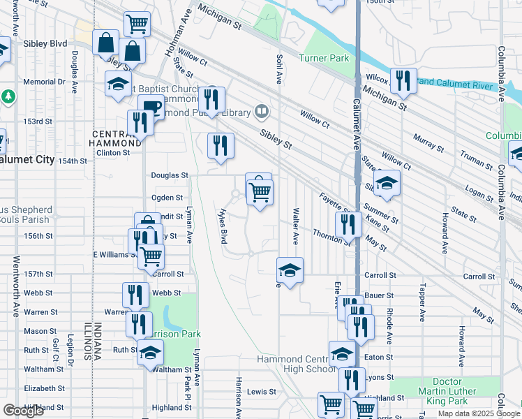 map of restaurants, bars, coffee shops, grocery stores, and more near 5550 Sohl Ave in Hammond