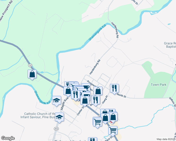 map of restaurants, bars, coffee shops, grocery stores, and more near 1 Hardenburgh Road in Pine Bush